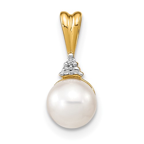 14K Yellow Gold 6-7mm White Round Freshwater Cultured Pearl and Diamond Pendant