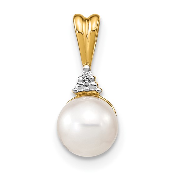 14k 6-7mm White Round Freshwater Cultured Pearl and Diamond Pendant