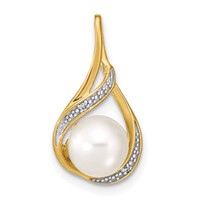 14K Yellow Gold 7-8mm White Round Freshwater Cultured Pearl and Diamond Pendant view 1