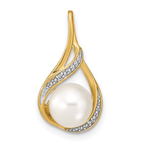 14k 7-8mm White Round Freshwater Cultured Pearl and Diamond Pendant