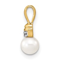 14K Yellow Gold 5-6mm White Round Freshwater Cultured Pearl and Diamond Pendant view 2