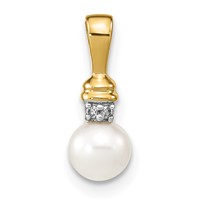 14K Yellow Gold 5-6mm White Round Freshwater Cultured Pearl and Diamond Pendant view 1