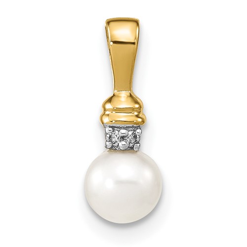 14K Yellow Gold 5-6mm White Round Freshwater Cultured Pearl and Diamond Pendant