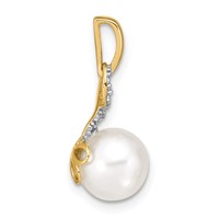 14K Yellow Gold 7-8mm Round White Freshwater Cultured Pearl and Diamond Pendant view 2
