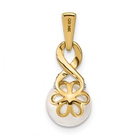 14K Yellow Gold 7-8mm Round White Freshwater Cultured Pearl and Diamond Pendant view 4