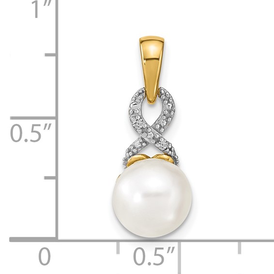 14k 7-8mm Round White Freshwater Cultured Pearl and Diamond Pendant