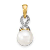 14K Yellow Gold 7-8mm Round White Freshwater Cultured Pearl and Diamond Pendant view 1