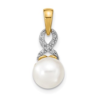 14k 7-8mm Round White Freshwater Cultured Pearl and Diamond Pendant
