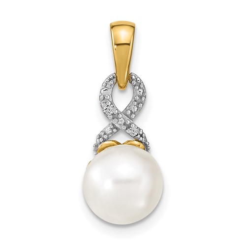14K Yellow Gold 7-8mm Round White Freshwater Cultured Pearl and Diamond Pendant