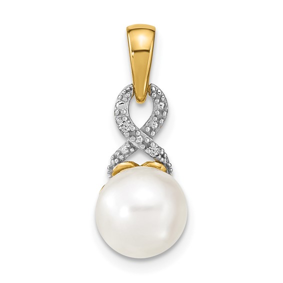 14k 7-8mm Round White Freshwater Cultured Pearl and Diamond Pendant