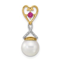14K 8-9mm Round White Freshwater Cultured Pearl Lab Created Ruby Diamond Chain Slide view 1