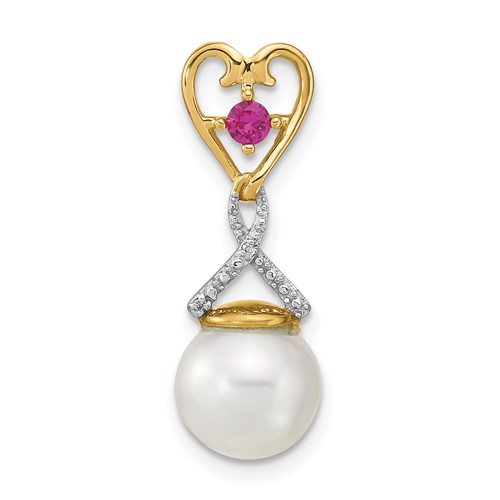 14K Yellow Gold 8-9mm Round White Freshwater Cultured Pearl Lab Created Ruby Diamond Chain Slide