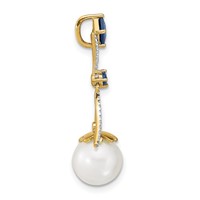 14K Yellow Gold 8-9mm Round White Freshwater Cultured Pearl Lab Created Sapphire Diamond Chain Slide view 2