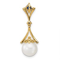14K Yellow Gold 8-9mm Round White Freshwater Cultured Pearl Lab Created Sapphire Diamond Chain Slide view 4