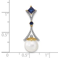 14K Yellow Gold 8-9mm Round White Freshwater Cultured Pearl Lab Created Sapphire Diamond Chain Slide view 3