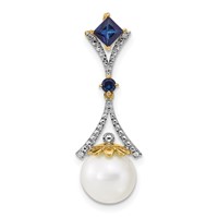 14K Yellow Gold 8-9mm Round White Freshwater Cultured Pearl Lab Created Sapphire Diamond Chain Slide view 1