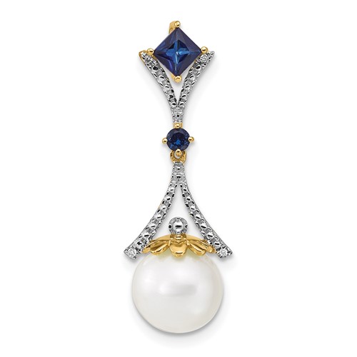 14K Yellow Gold 8-9mm Round White Freshwater Cultured Pearl Lab Created Sapphire Diamond Chain Slide