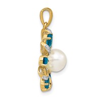 14K Yellow Gold 6-7mm Button White Freshwater Cultured Pearl Pear London Blue Topaz Diamond Pendant view 2