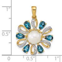 14K Yellow Gold 6-7mm Button White Freshwater Cultured Pearl Pear London Blue Topaz Diamond Pendant view 3
