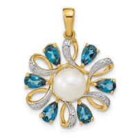 14K Yellow Gold 6-7mm Button White Freshwater Cultured Pearl Pear London Blue Topaz Diamond Pendant view 1