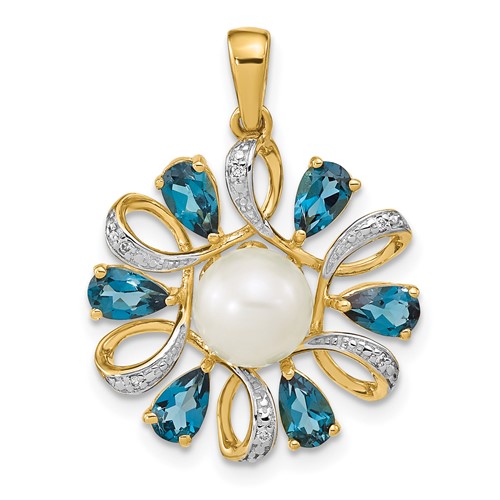14K Yellow Gold 6-7mm Button White Freshwater Cultured Pearl Pear London Blue Topaz Diamond Pendant