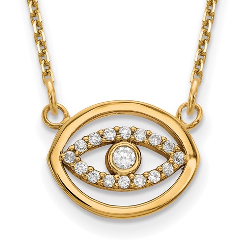 14K Yellow Gold Polished 0.10 Carat Diamond Halo Evil Eye Necklace, 18"