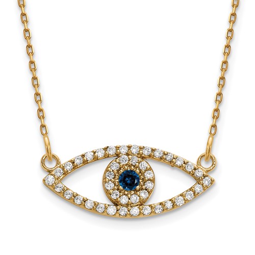 14K Yellow Gold Polished 0.17 Carat Diamond and Sapphire Small Evil Eye Necklace, 18"