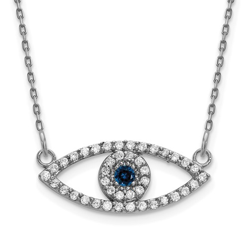 14K White Gold Polished 0.17 Carat Diamond and Sapphire Small Evil Eye Necklace, 18"