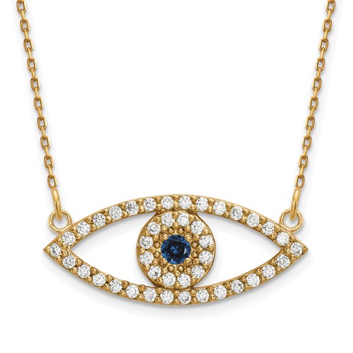 14K Yellow Gold Polished 0.50 Carat Diamond and Sapphire Medium Evil Eye Necklace, 18"