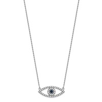 14K White Gold Polished 0.50 Carat Diamond and Sapphire Medium Evil Eye Necklace, 18" view 2