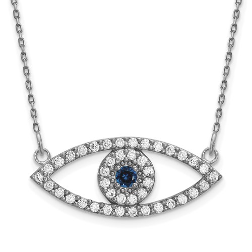 14K White Gold Polished 0.50 Carat Diamond and Sapphire Medium Evil Eye Necklace, 18"