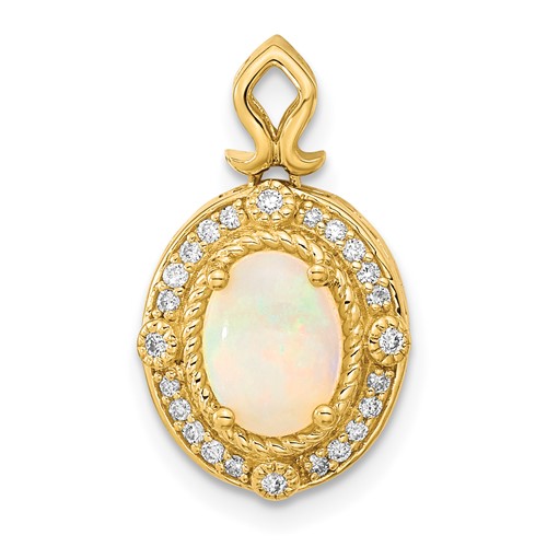 14K Yellow Gold Austrian Opal and Diamond Halo Pendant Fits Up to 2mm Regular 3mm Fancy Or Reversible Omega