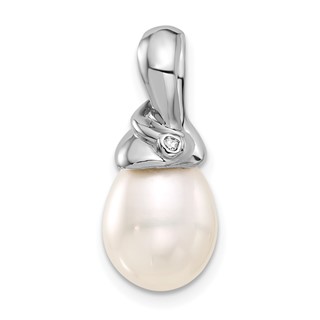 14K White Gold 9-10mm White Teardrop FWC Pearl and .01ct Dia Pendant