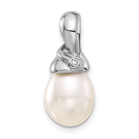 14K White Gold 9-10mm White Teardrop FWC Pearl and .01ct Dia Pendant