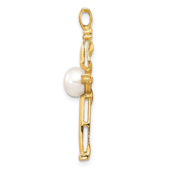14k 6-7mm White Button Freshwater Cultured Pearl and .02 Carat Diamond Cross Pendant