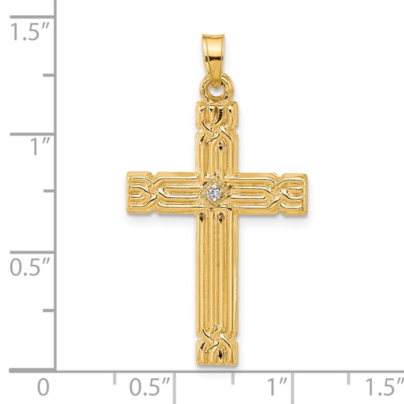 14k Polished and Grooved Hollow Diamond Cross Pendant