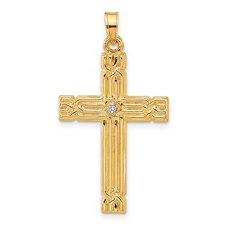 14k Polished and Grooved Hollow Diamond Cross Pendant