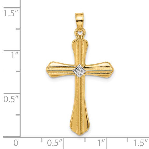 14k Polished and Grooved Hollow Diamond Cross Pendant
