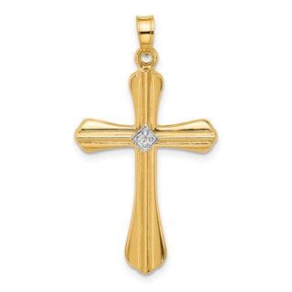 14k Polished and Grooved Hollow Diamond Cross Pendant