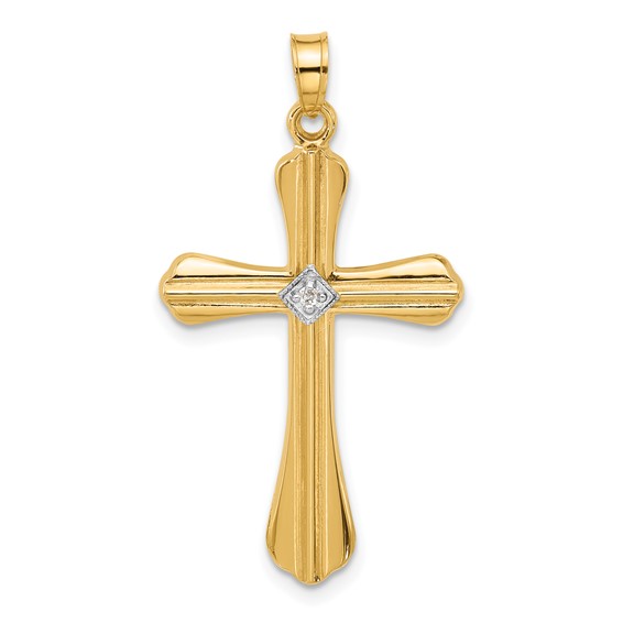 14k Polished and Grooved Hollow Diamond Cross Pendant