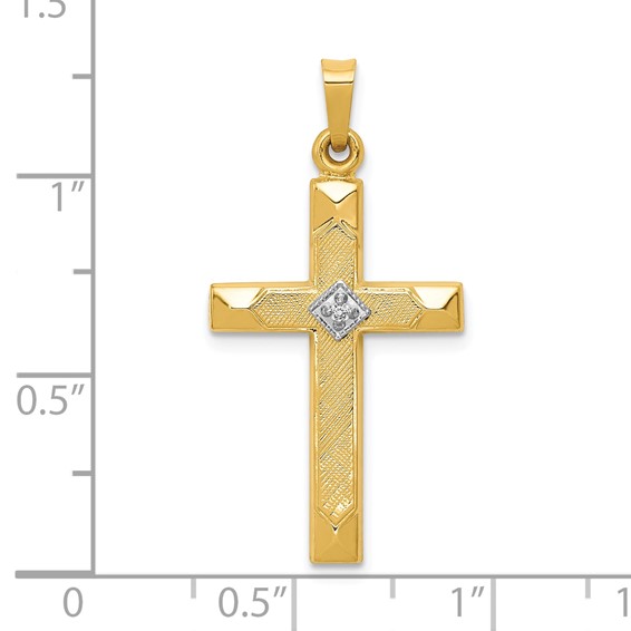14k Textured and Polished Diamond Accent Cross Pendant