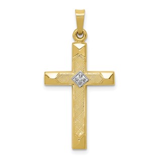14k Textured and Polished Diamond Accent Cross Pendant