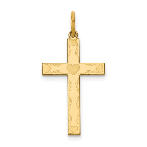 14K Yellow Gold Laser Designed Cross Charm with Hearts