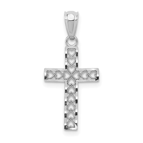 14K White Gold Cross Pendant with Hearts