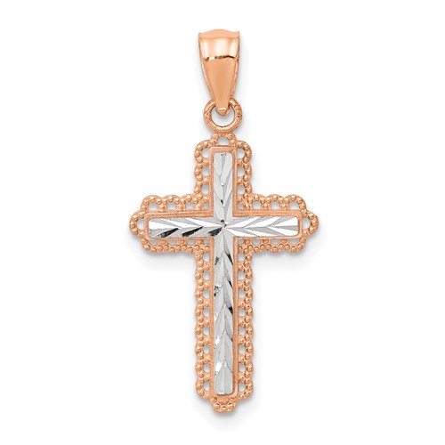 14K Rose Gold and White Rhodium Diamond-cut Cross Pendant