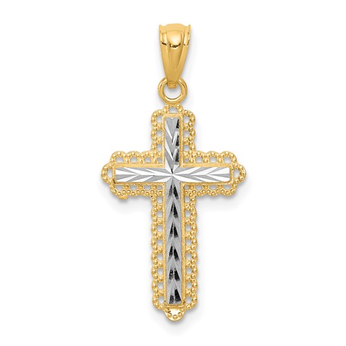 14K Pendant with White Rhodium Diamond Cut Cross