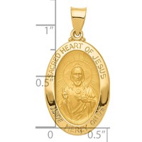 14K Yellow Gold Polished and Satin Hollow Sacred Heart of Jesus Medal Oval Pendant view 3