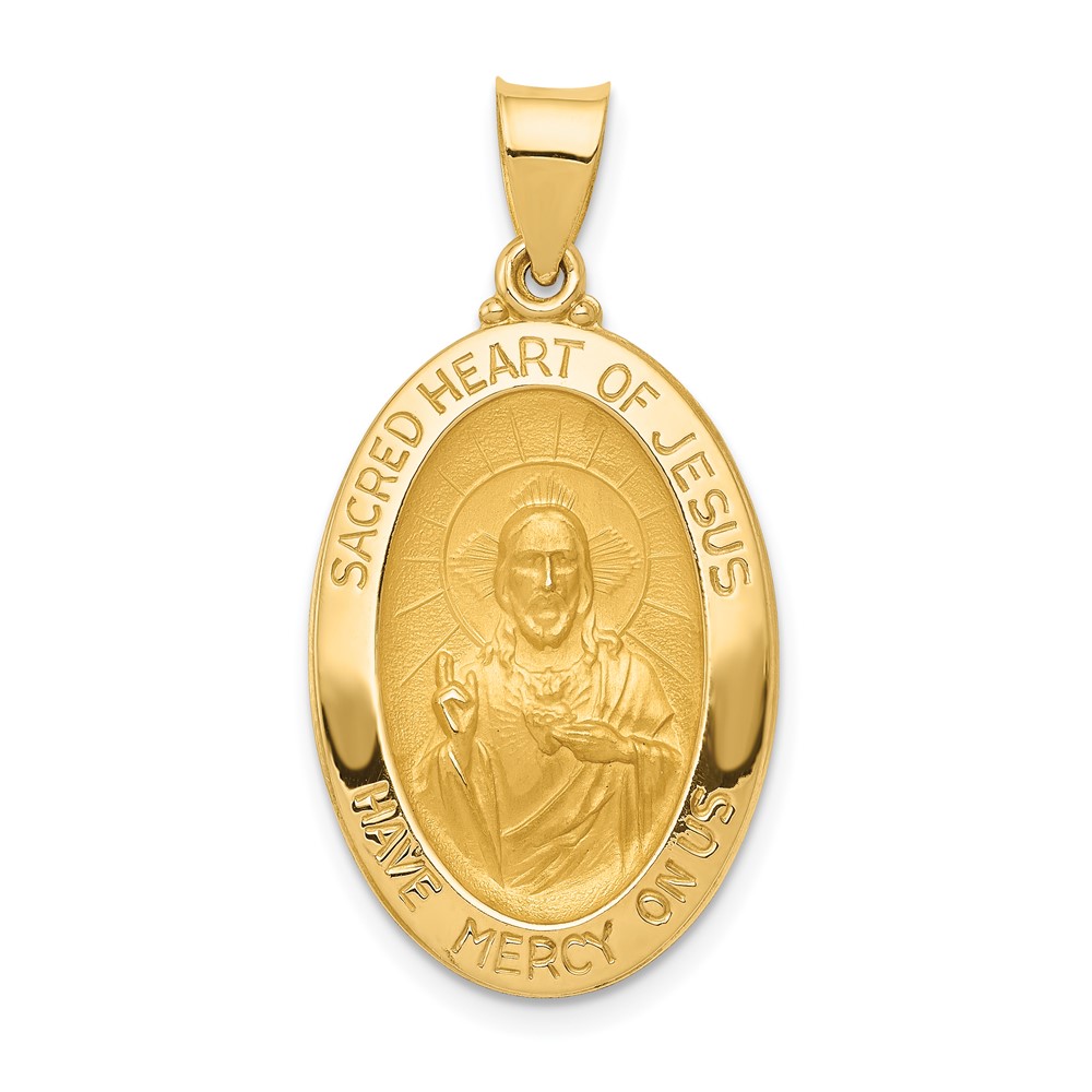 14K Yellow Gold Polished and Satin Hollow Sacred Heart of Jesus Medal Oval Pendant