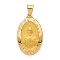 14K Yellow Gold Polished and Satin Hollow Sacred Heart of Jesus Medal Oval Pendant view 1