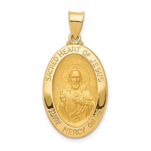 14K Yellow Gold Polished and Satin Hollow Sacred Heart of Jesus Medal Oval Pendant